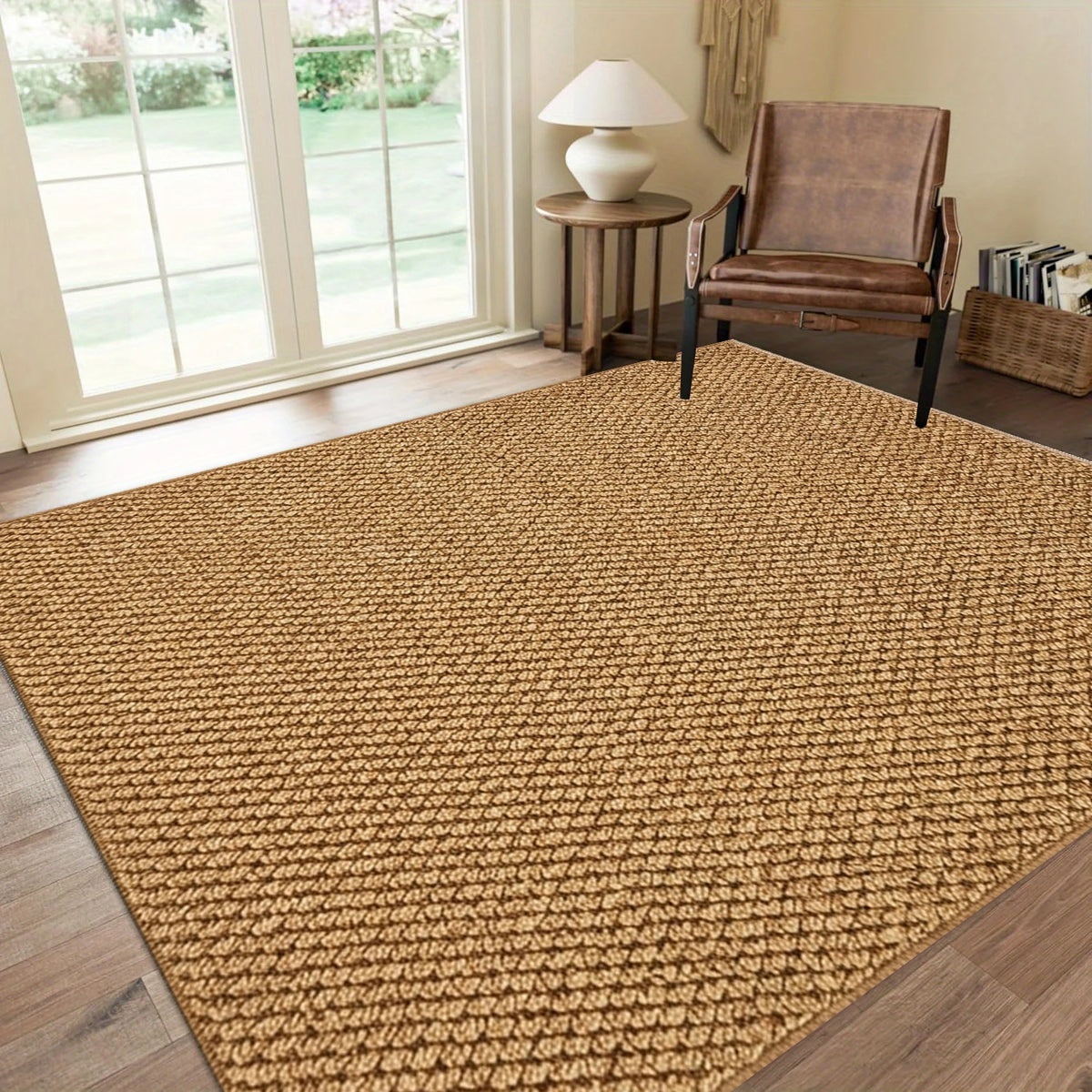 Solid Light Brown Woven Texture Area Rug Simple Plain Non‑Slip Floor Mat for Entryway Bedroom Home Decor
