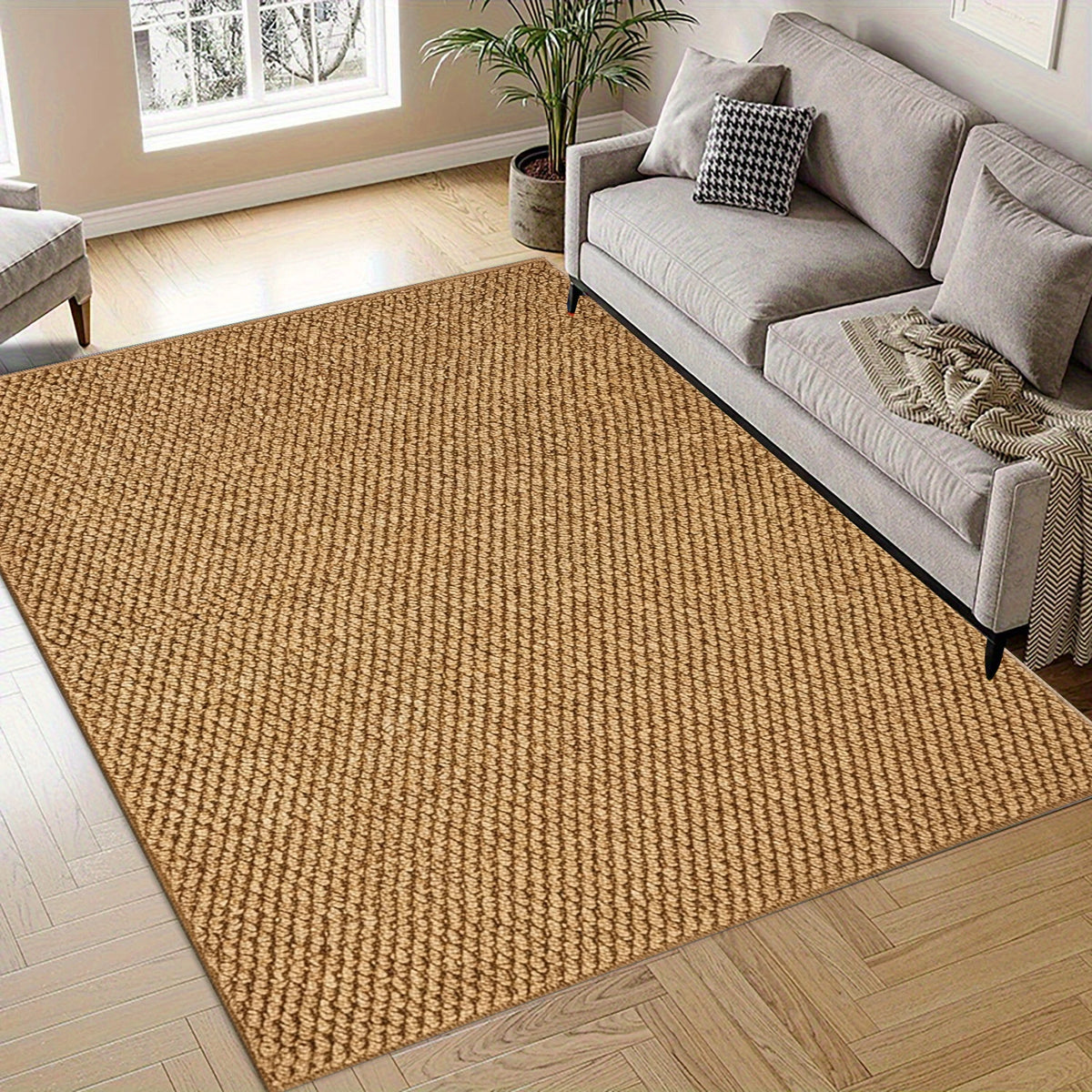 Solid Light Brown Woven Texture Area Rug Simple Plain Non‑Slip Floor Mat for Entryway Bedroom Home Decor