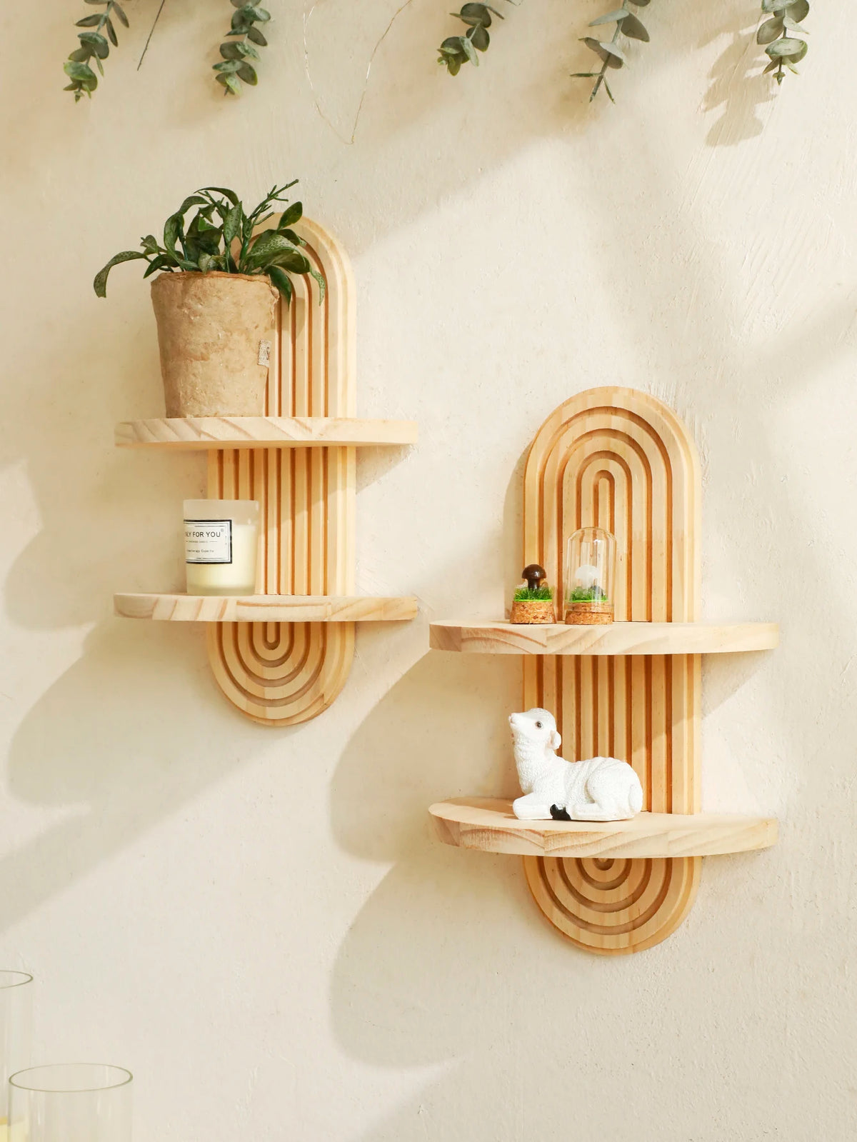 1Pc Boho Style Wooden Wall Shelves - Geometric Wall Mounted Shelves, Natural Wood Finish, Modern Home Decor, Plant Decorative