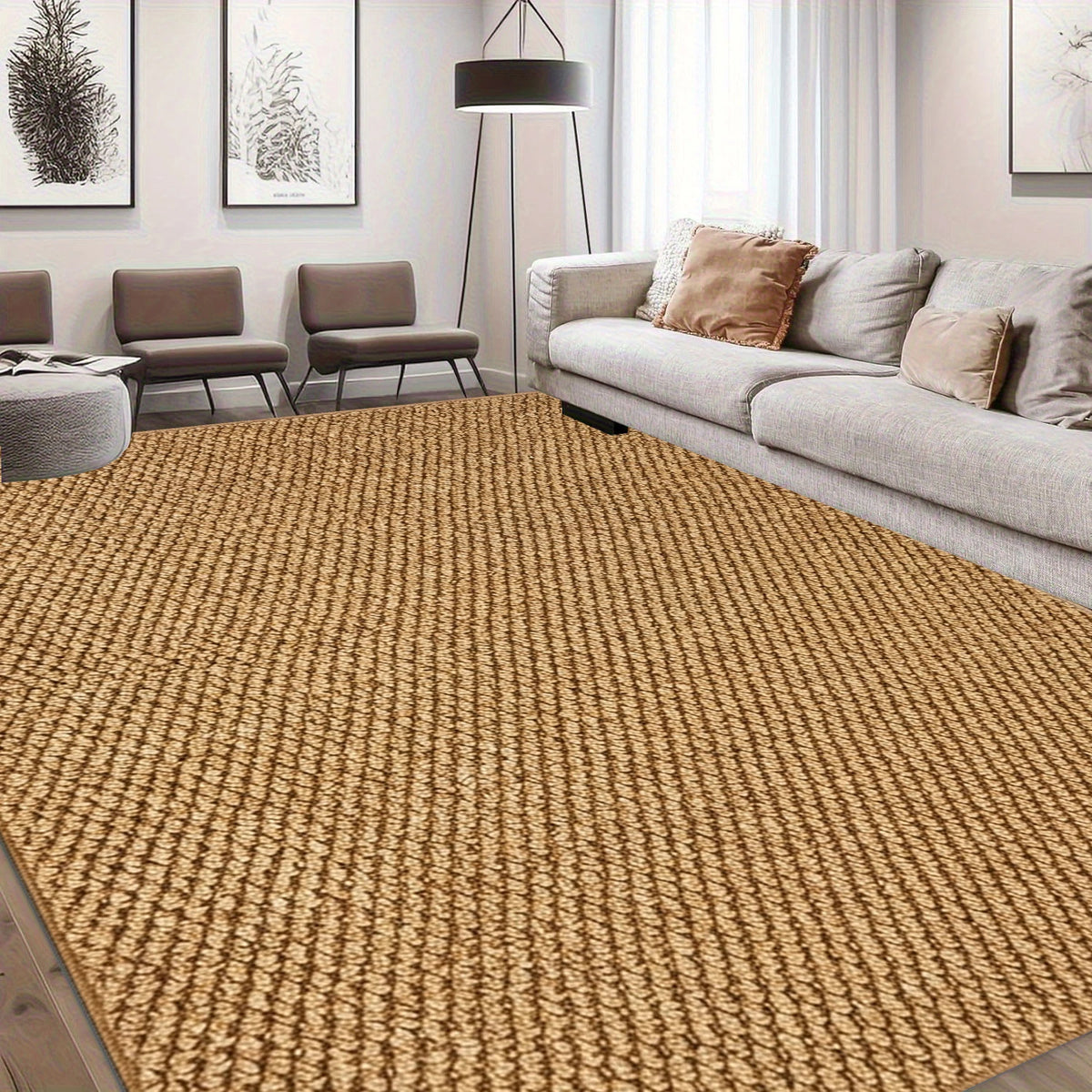 Solid Light Brown Woven Texture Area Rug Simple Plain Non‑Slip Floor Mat for Entryway Bedroom Home Decor
