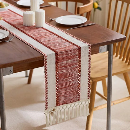Nordic Boho Striped Green Table Runner - Hand - Woven Tassels, Ideal for Spring Tables, Round Coffee Tables & Rustic Home Decor