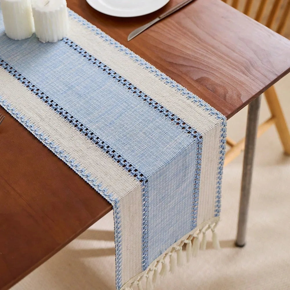 Nordic Boho Striped Green Table Runner - Hand - Woven Tassels, Ideal for Spring Tables, Round Coffee Tables & Rustic Home Decor