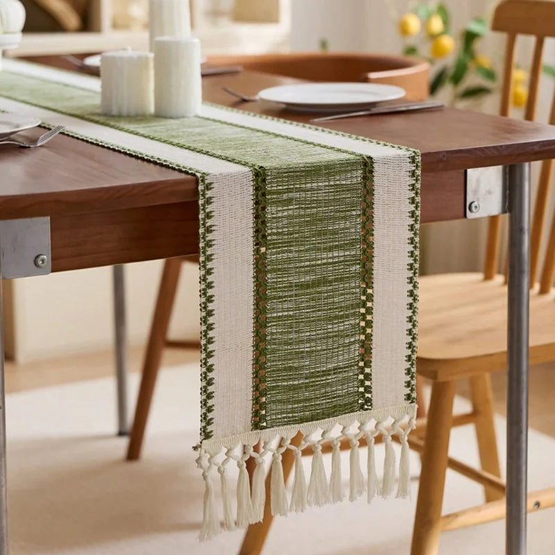 Nordic Boho Striped Green Table Runner - Hand - Woven Tassels, Ideal for Spring Tables, Round Coffee Tables & Rustic Home Decor