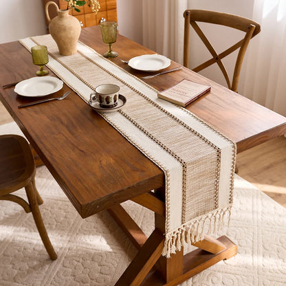 Nordic Boho Striped Green Table Runner - Hand - Woven Tassels, Ideal for Spring Tables, Round Coffee Tables & Rustic Home Decor